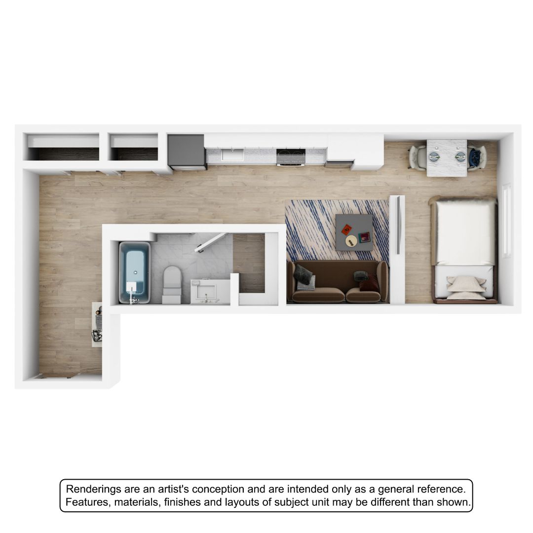 Contemporary apartment floor plan showcasing a clever layout with a bedroom, cozy living area, elegant kitchen, and modern bathroom design.