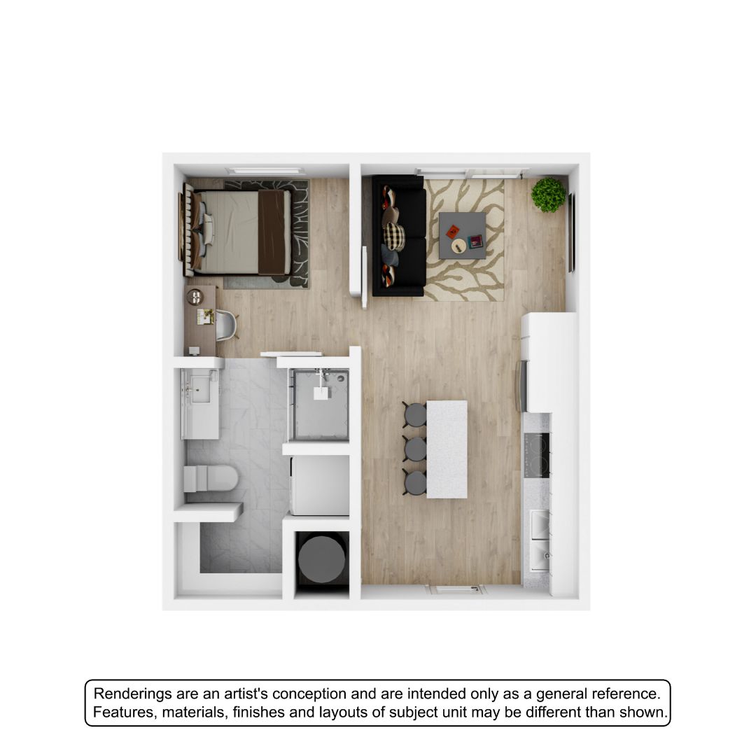 Modern 3D floor plan with a cozy bedroom, sleek kitchen, spacious living area, and stylish bathroom.