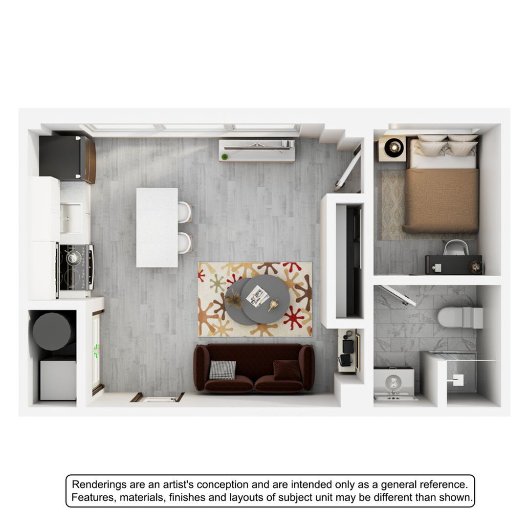 Modern studio apartment floor plan featuring an open-concept living area, compact kitchen with island dining, cozy bedroom, and a sleek bathroom.