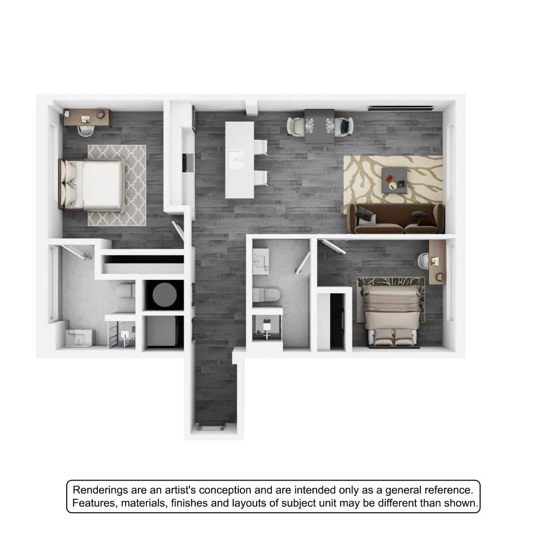 Modern floor plan showcasing 2 bedrooms, sleek kitchen with island, cozy living room, and contemporary bathrooms.
