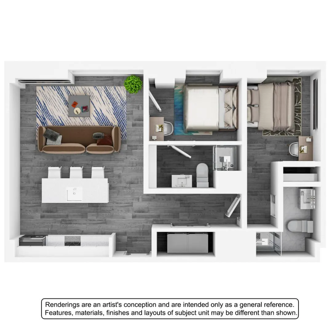 Contemporary floor plan showcasing a stylish apartment with two bedrooms, cozy living room, modern kitchen, and two sleek bathrooms.