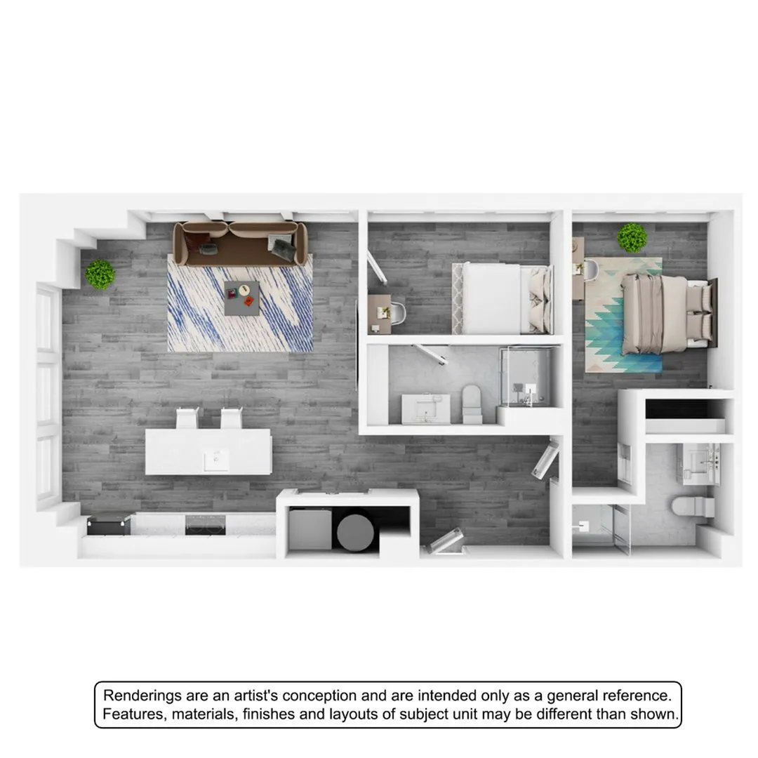 Modern 2D floor plan showcasing a spacious two-bedroom apartment with a stylish open living area and efficient kitchen layout.