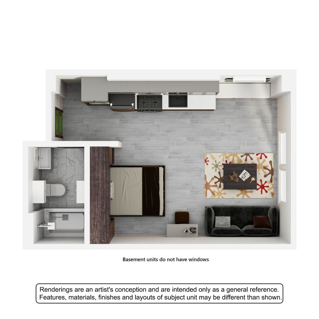 Contemporary 3D floor plan of a compact apartment featuring an open-concept living room and kitchen, cozy bedroom, and a modern bathroom. Ideal for efficient living with stylish design elements.