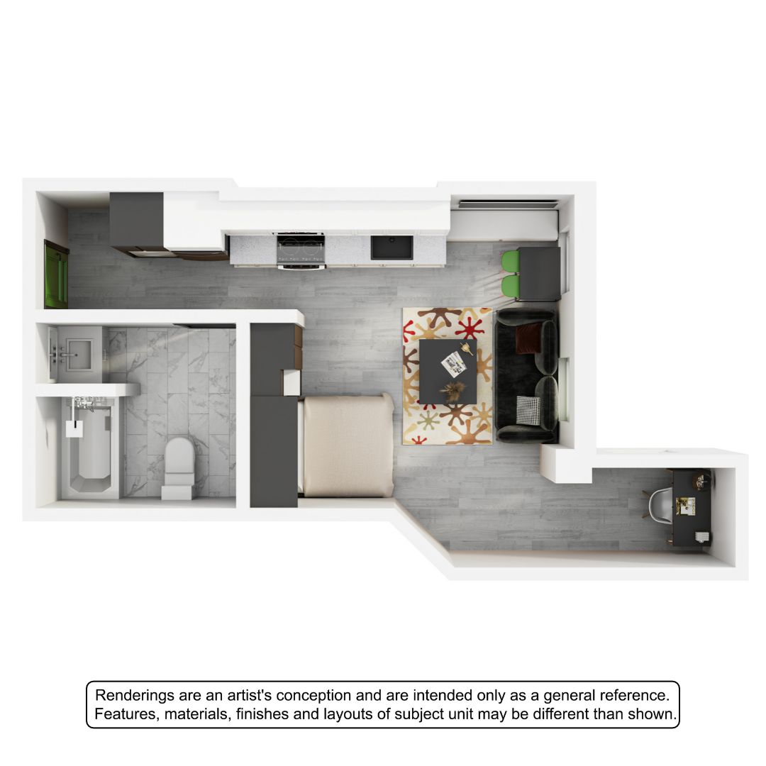 Modern open-concept floor plan featuring a cozy living area, functional kitchen, spacious bedroom, and stylish bathroom. Perfect for urban living.