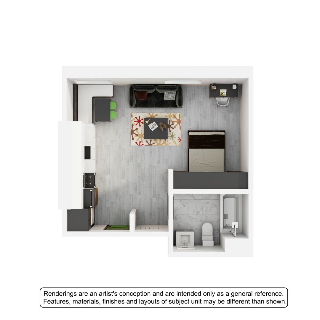 Modern studio apartment floor plan featuring an open-concept living area with stylish kitchen, cozy sleeping space, and sleek bathroom.