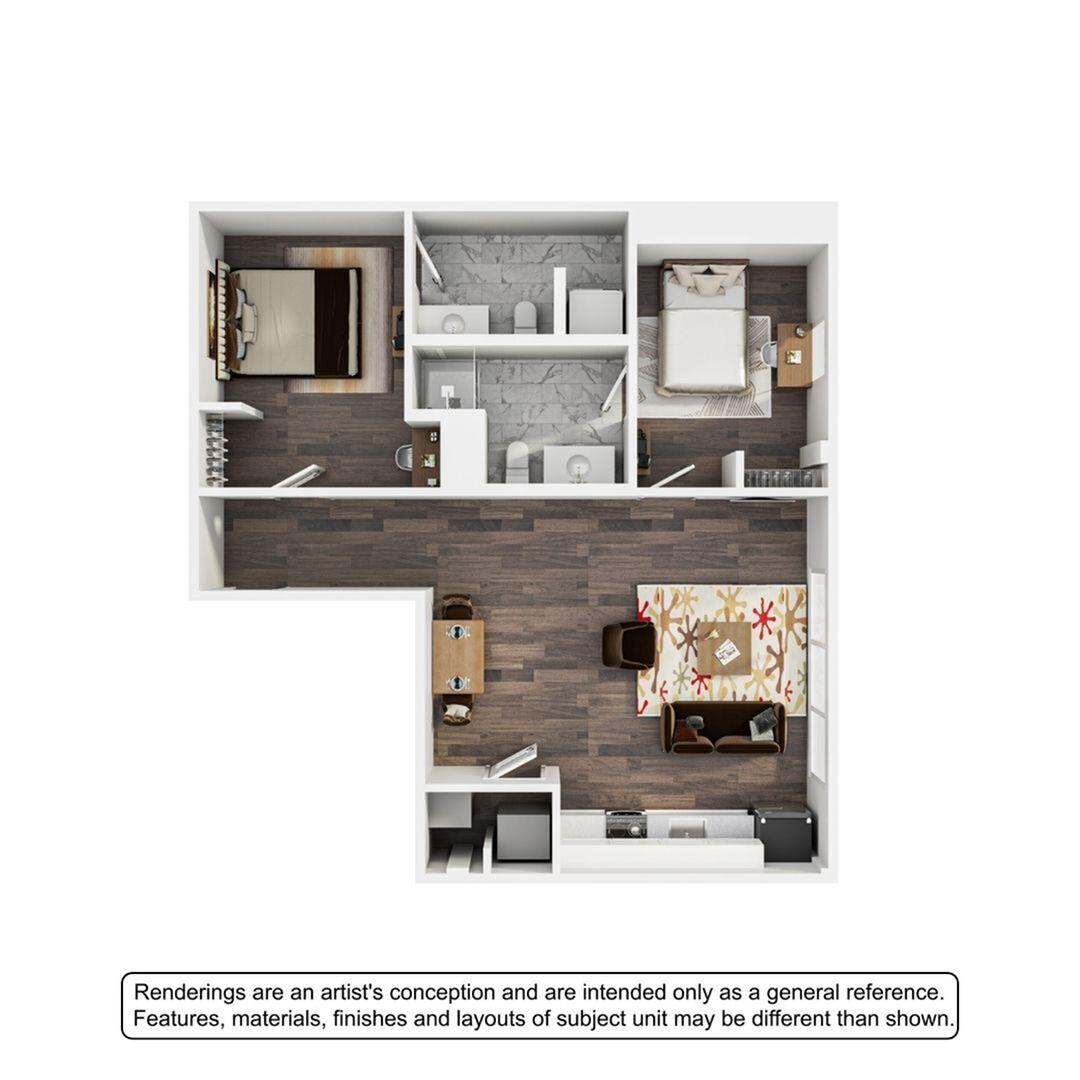 Elegant 3D floor plan showcasing 2 stylish bedrooms, modern kitchen, cozy dining area, and dual bathrooms with hardwood flooring.