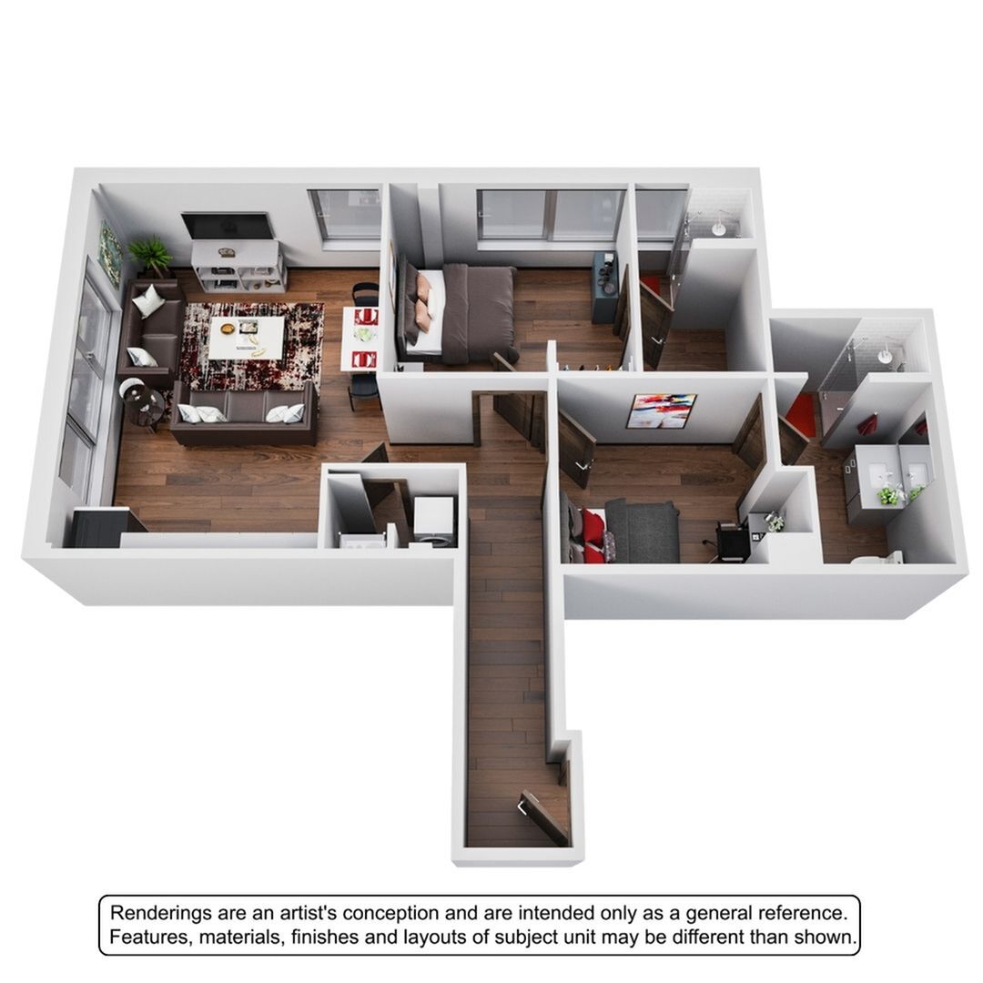 Modern 3D floor plan showcasing a stylish apartment with two bedrooms, two bathrooms, a cozy living room, and a streamlined kitchen. Perfect blend of elegance and functionality.