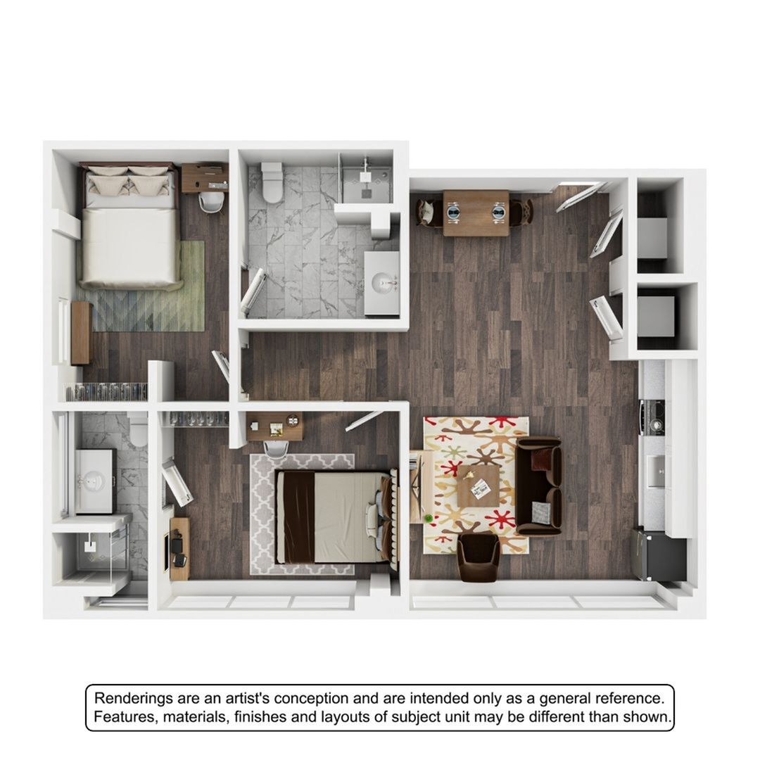 Modern 2D floor plan showcasing 2 bedrooms, 2 bathrooms, an open living area, and a contemporary kitchen layout.