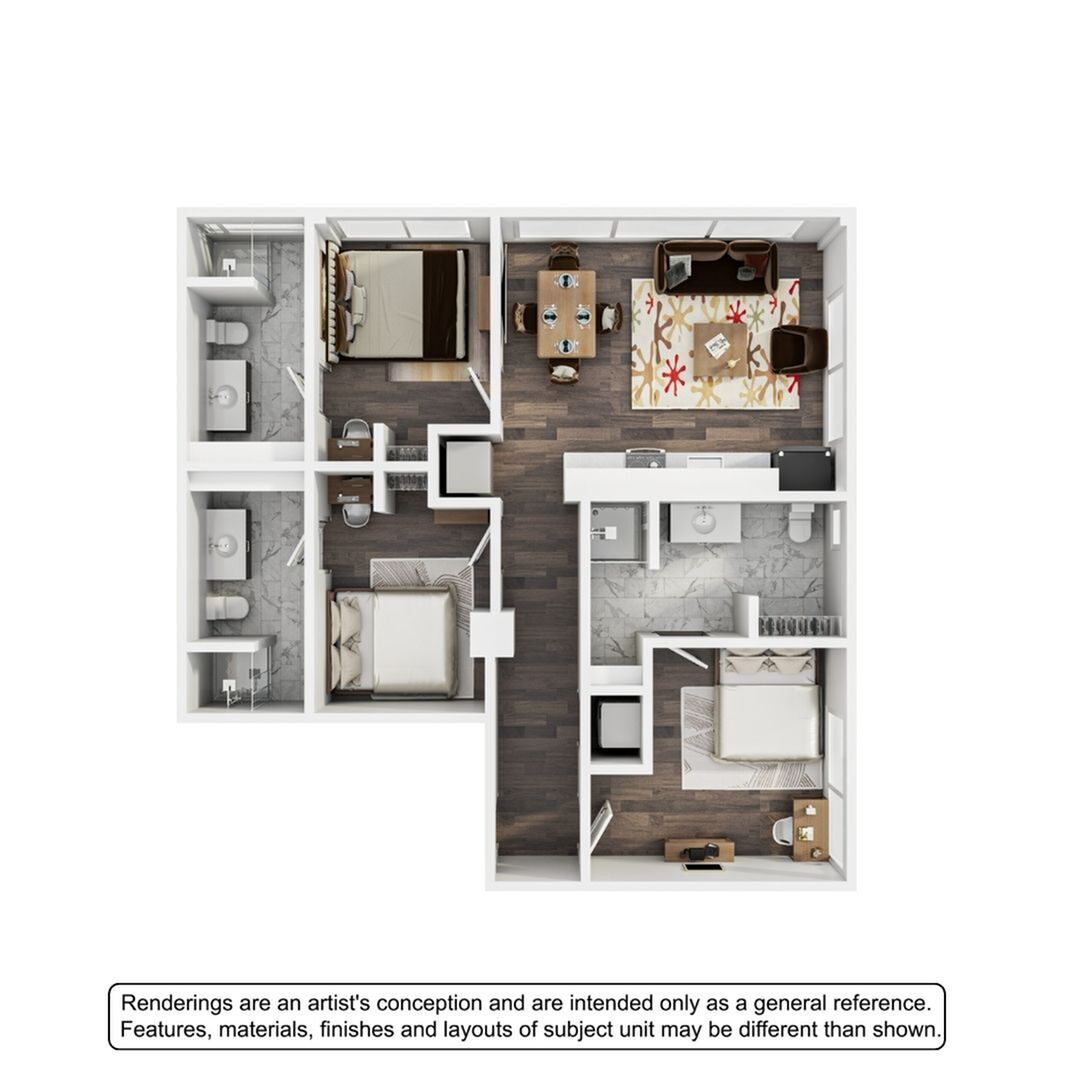 Elegant 3D floor plan showcasing 3 bedrooms, a stylish open-concept living and dining area, and two modern bathrooms with chic finishes.