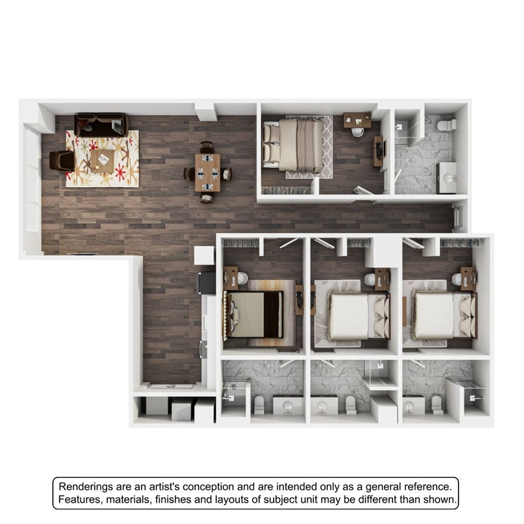 Modern floor plan displaying a spacious 3-bedroom apartment, featuring an inviting open-concept living and dining area, well-equipped kitchen, and three elegant bathrooms.