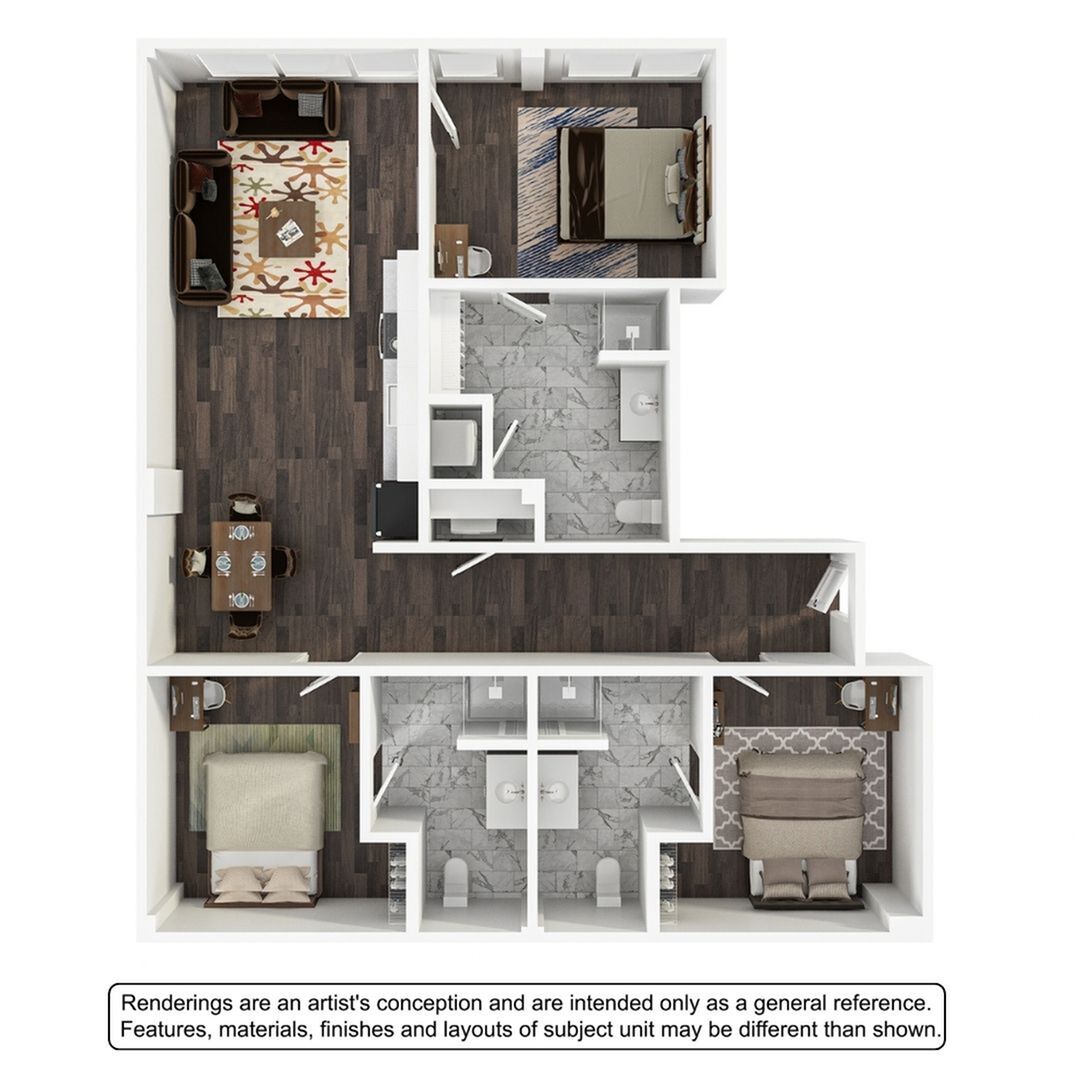Contemporary 3D floor plan showcasing a modern 3-bedroom layout with open-concept living and dining areas, sleek kitchen, and two elegant bathrooms, ideal for stylish living.