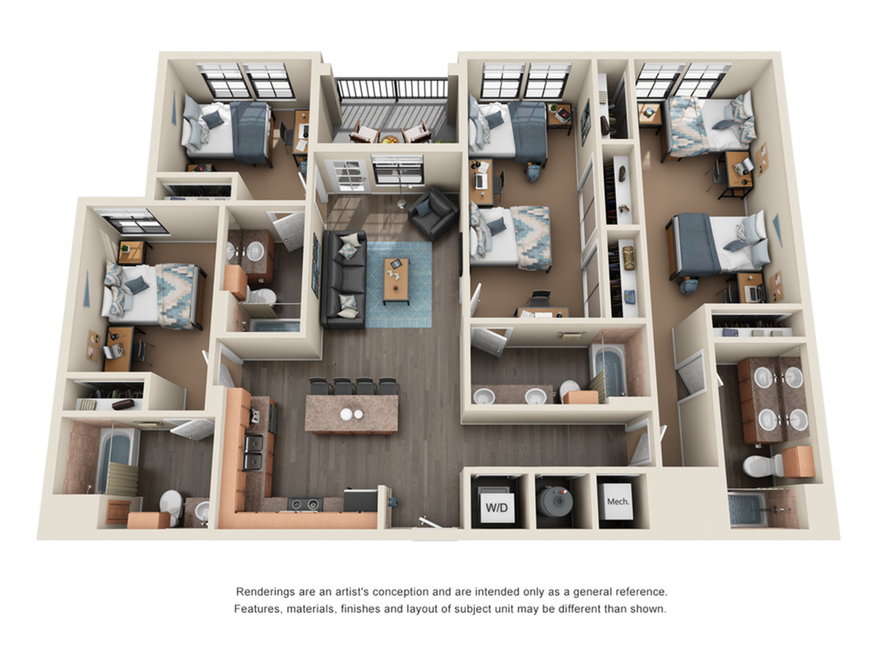 Modern 3D floor plan showcasing a spacious apartment with three bedrooms, two bathrooms, an open-plan living and dining area, and a private balcony.