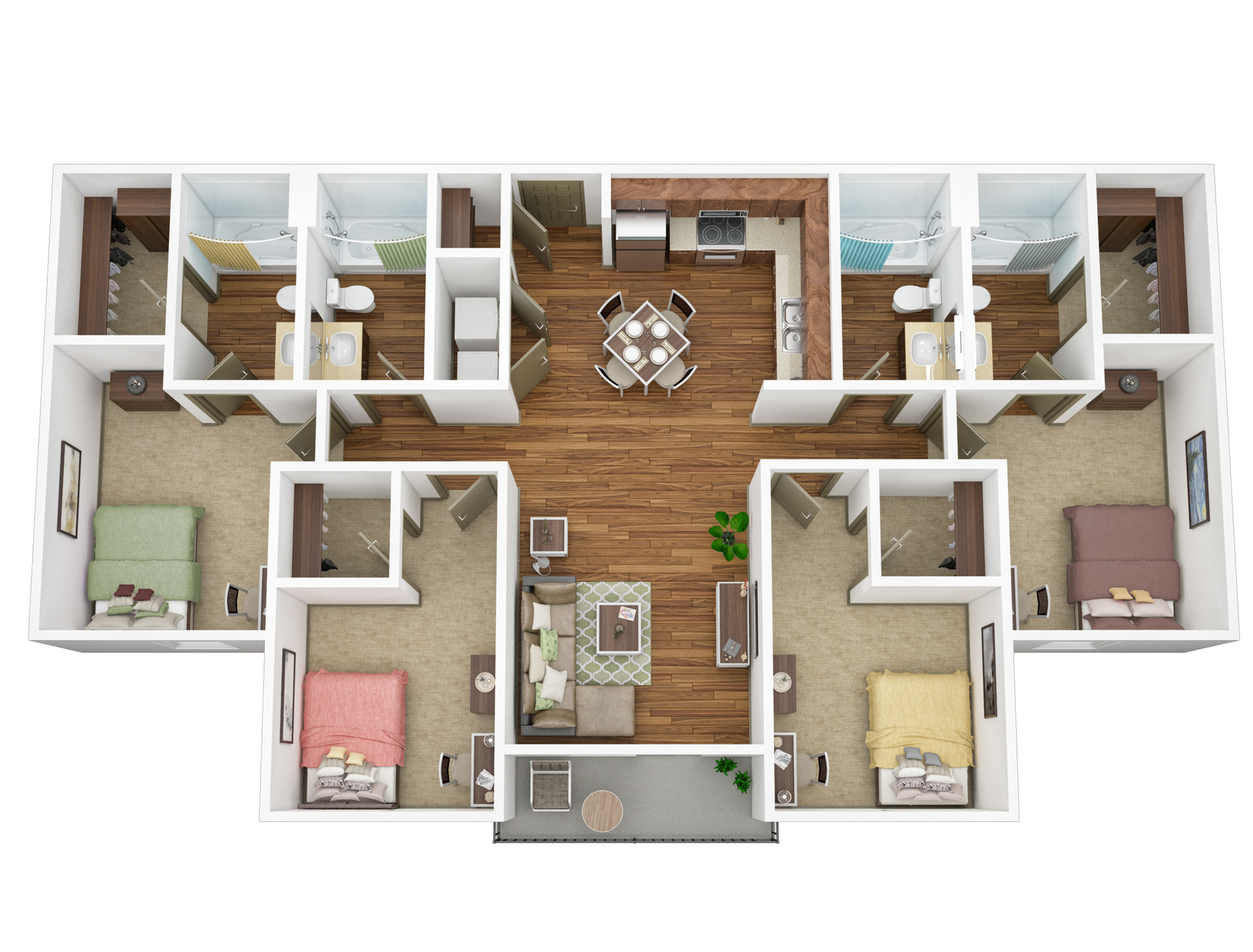 Charming 3D floor plan showcasing a modern apartment with three bedrooms, two bathrooms, a stylish living area, and an open kitchen layout.