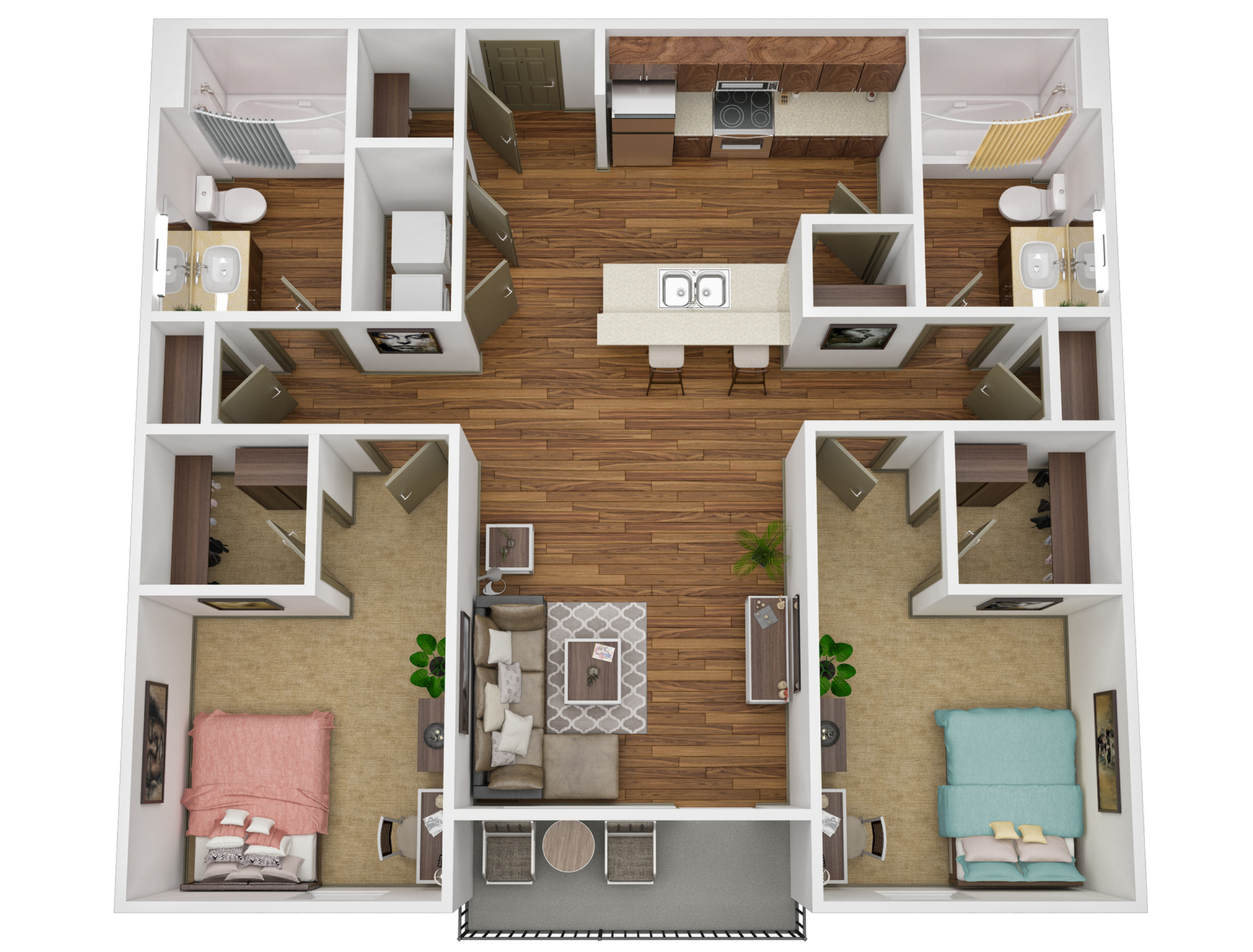 Modern floor plan showcasing a stylish 2-bedroom, 2-bathroom apartment with an open-concept kitchen and living area, featuring elegant wood flooring and contemporary furnishings.