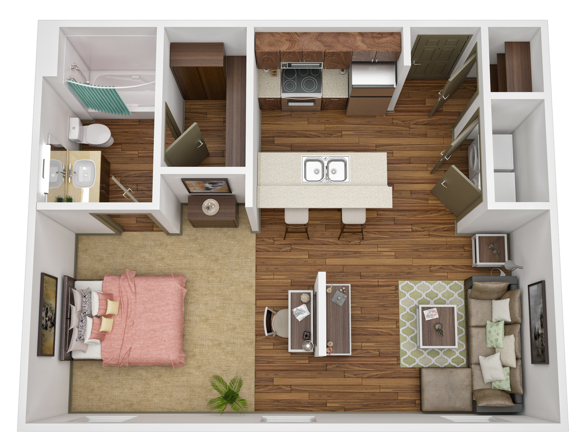 Chic 1-bedroom apartment floor plan featuring an open-concept living area, modern kitchen with island, and elegant bathroom layout.