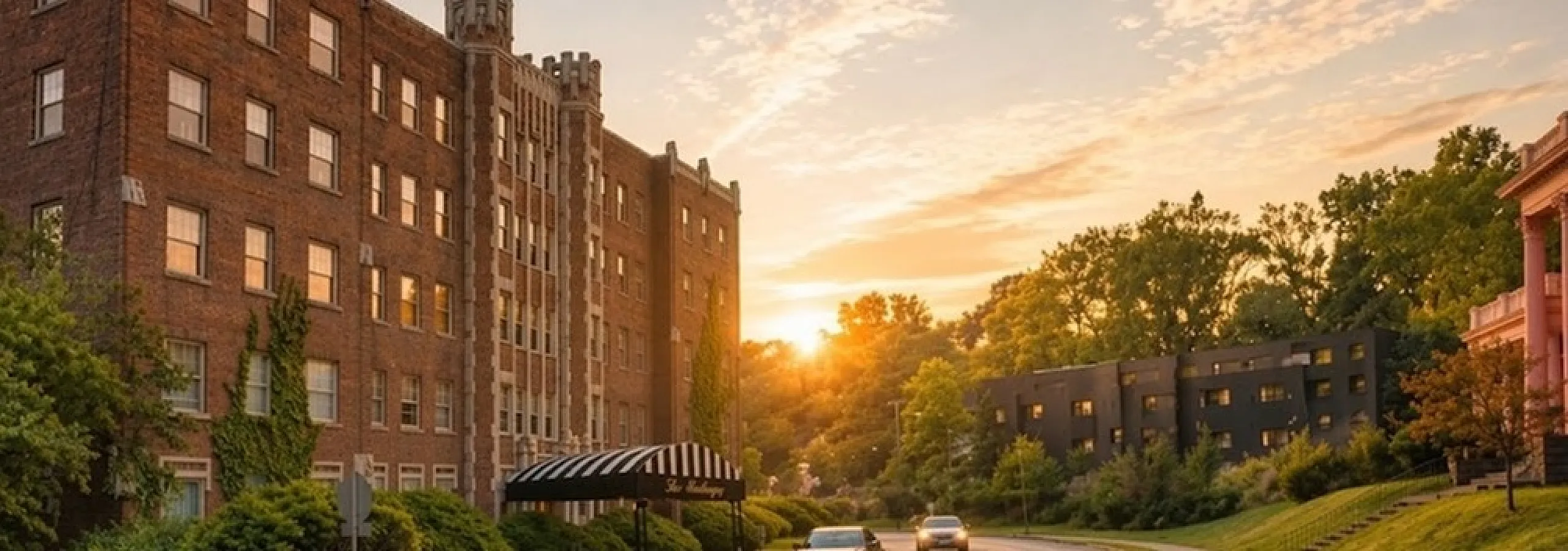 Charming brick apartment building on a tree-lined street at sunset, offering urban living with scenic views.