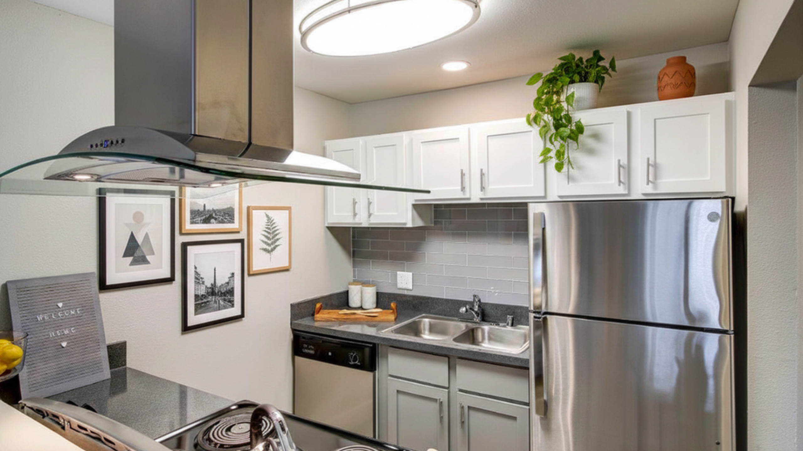 Chic modern kitchen featuring stainless steel appliances, sleek cabinetry, and stylish decor accents.