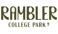 Modern and bold logo for Rambler College Park, featuring distinctive typography in olive green.