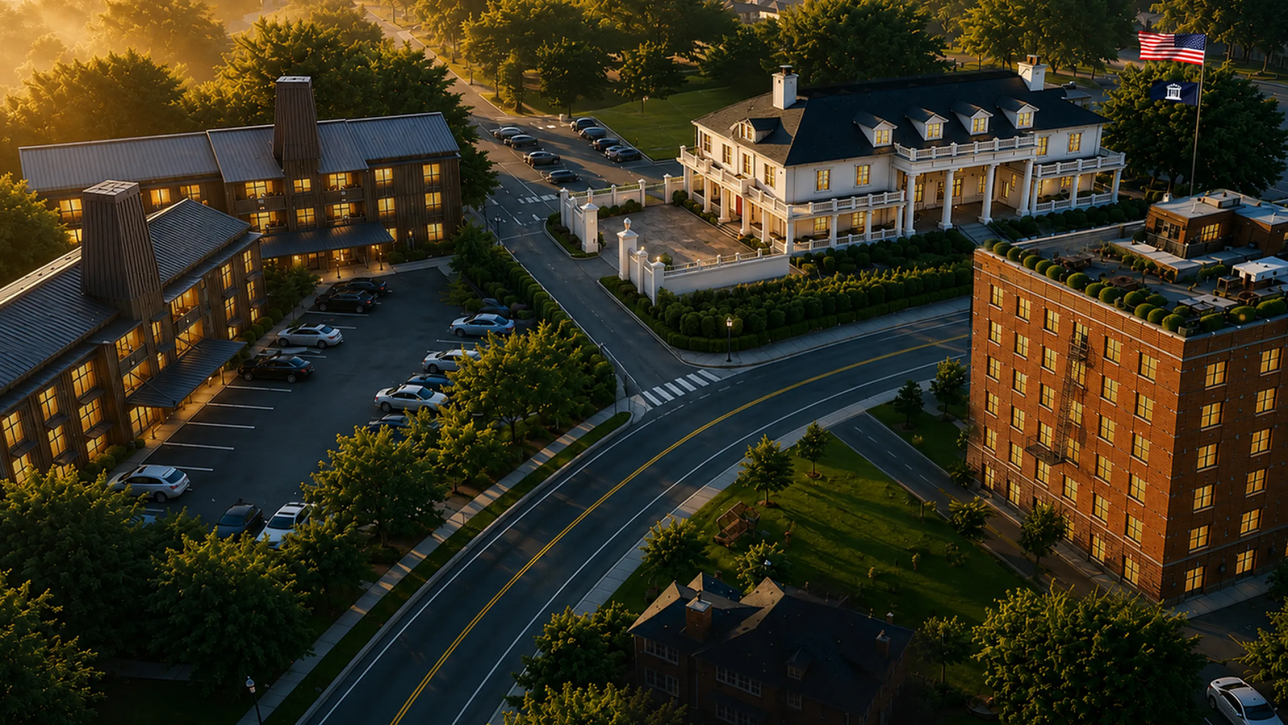 Charming aerial view of elegant buildings surrounded by lush greenery, capturing a serene neighborhood at golden hour with ample parking and spacious roads.