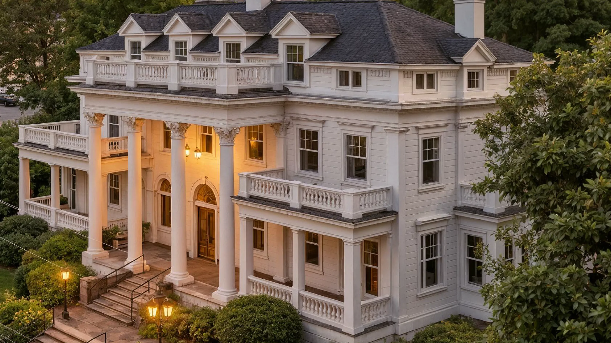 Charming Colonial-style mansion at dusk with grand columns, elegant windows, and lush greenery.