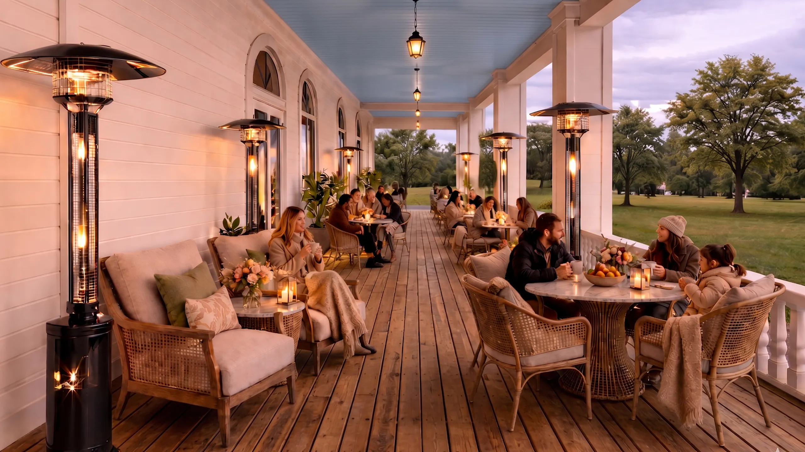 Charming veranda with elegant wicker furniture and cozy heaters, offering a serene outdoor dining experience with lush green views.