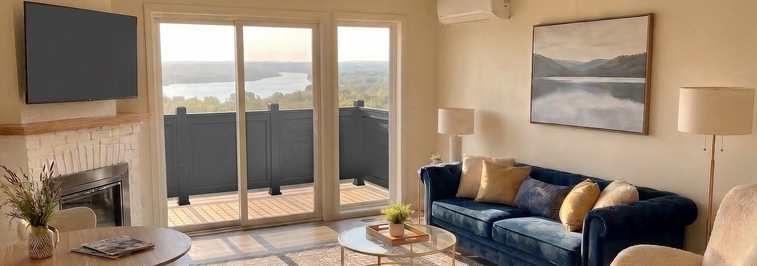 Bright and inviting living room with a cozy fireplace, elegant furniture, and stunning balcony view over a serene landscape.
