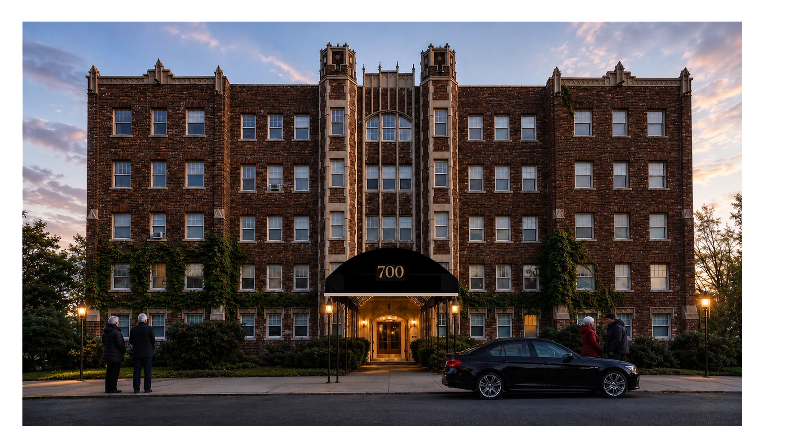 Charming historic brick apartment building at dusk, adorned with ivy and featuring elegant entry with warm lighting, promising a welcoming atmosphere.