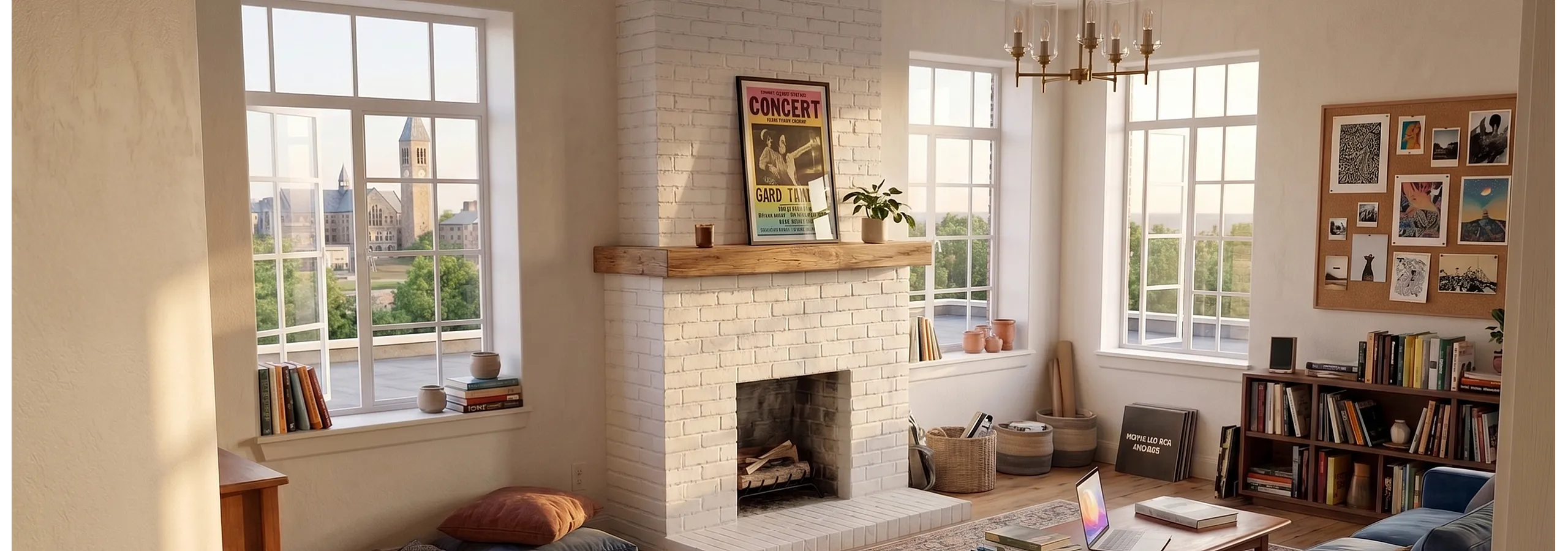 Inviting living room with a cozy white brick fireplace, large windows offering scenic views, and elegant wooden decor.