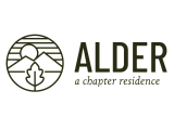 Modern logo for Alder, a chapter residence, featuring a nature-inspired design with mountains, a tree, and a sun.