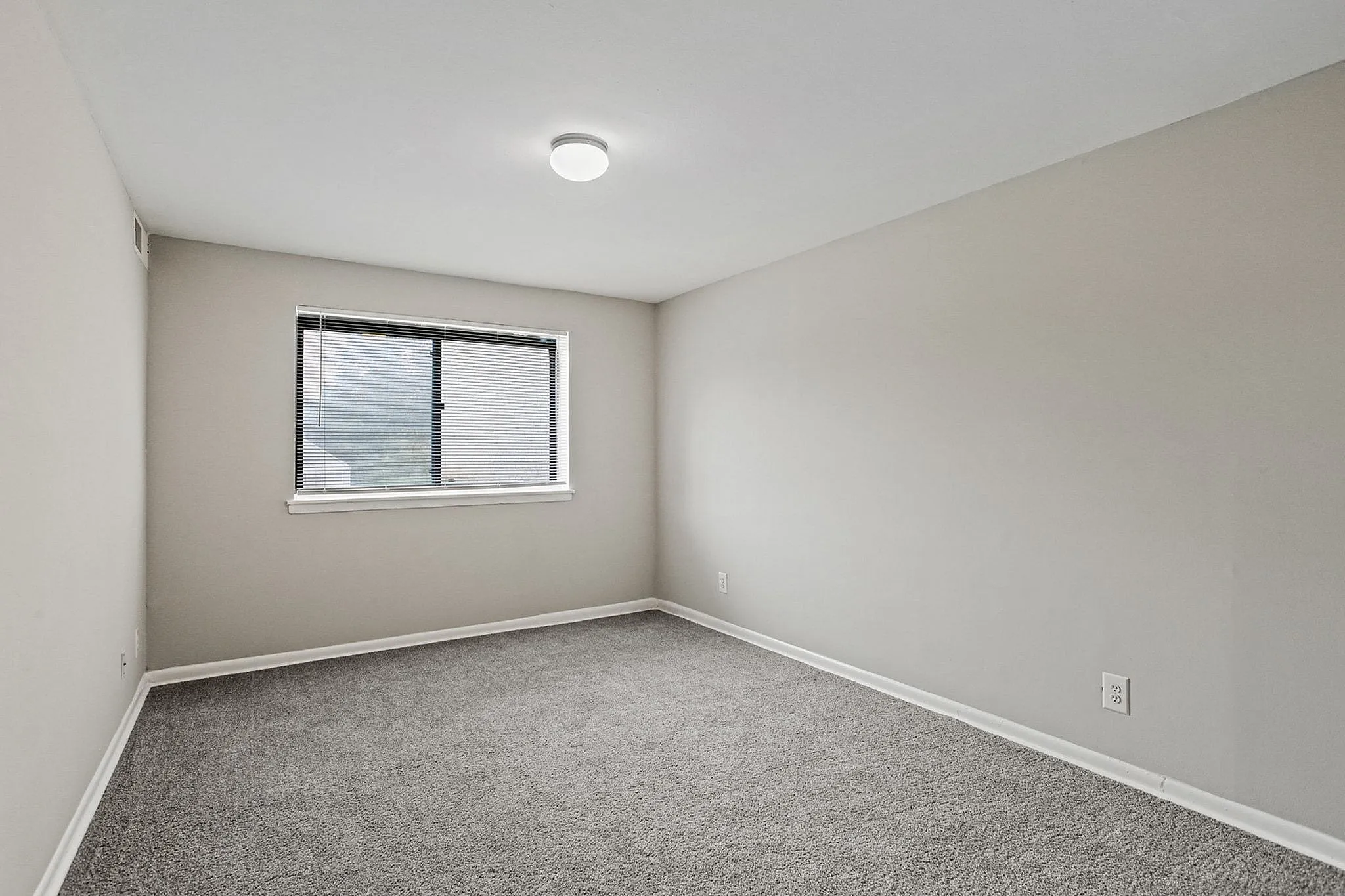 Bright and inviting bedroom with plush carpeting and a large window, perfect for cozy living and natural light.