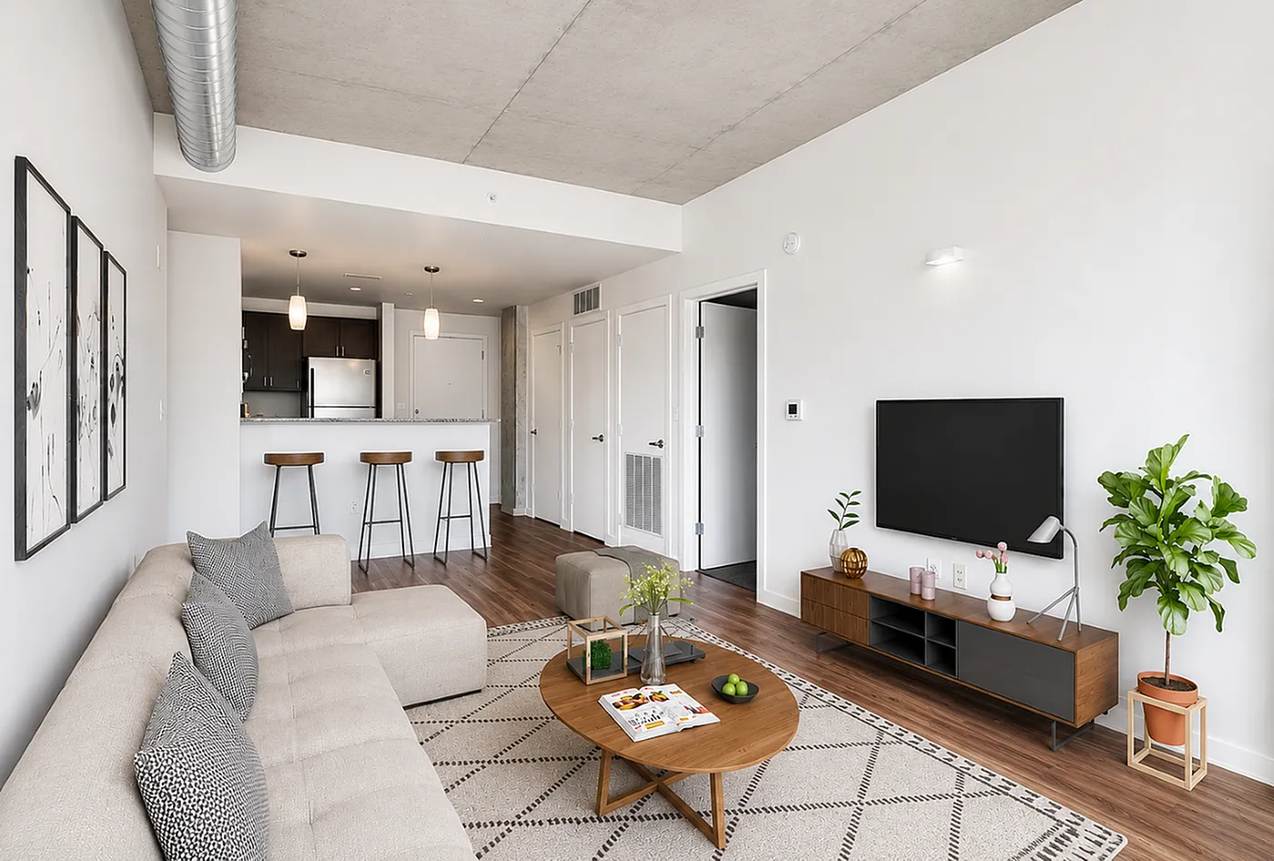 Modern apartment living room with sleek decor, cozy sofa, hardwood floors, and an open kitchen with bar seating.