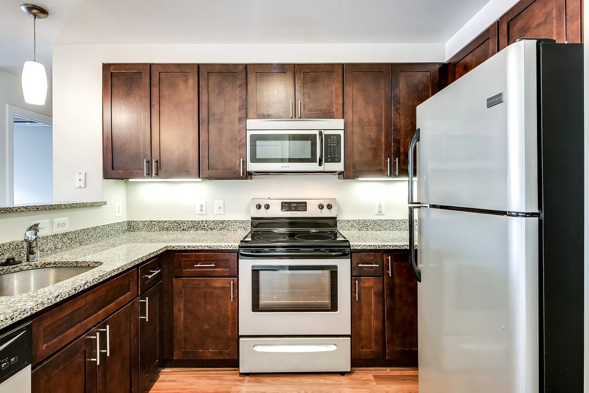 Contemporary kitchen with sleek stainless steel appliances, elegant dark wood cabinets, and polished granite countertops.