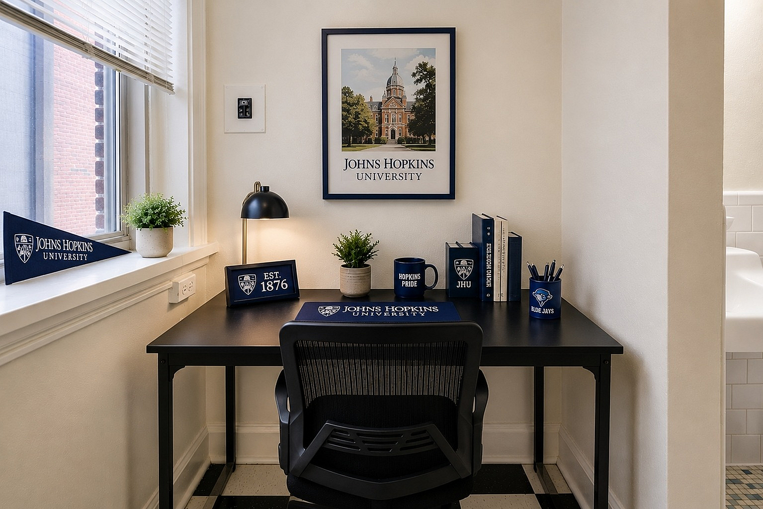 Charming study nook with university decor, featuring a sleek black desk, comfortable chair, and framed university artwork.