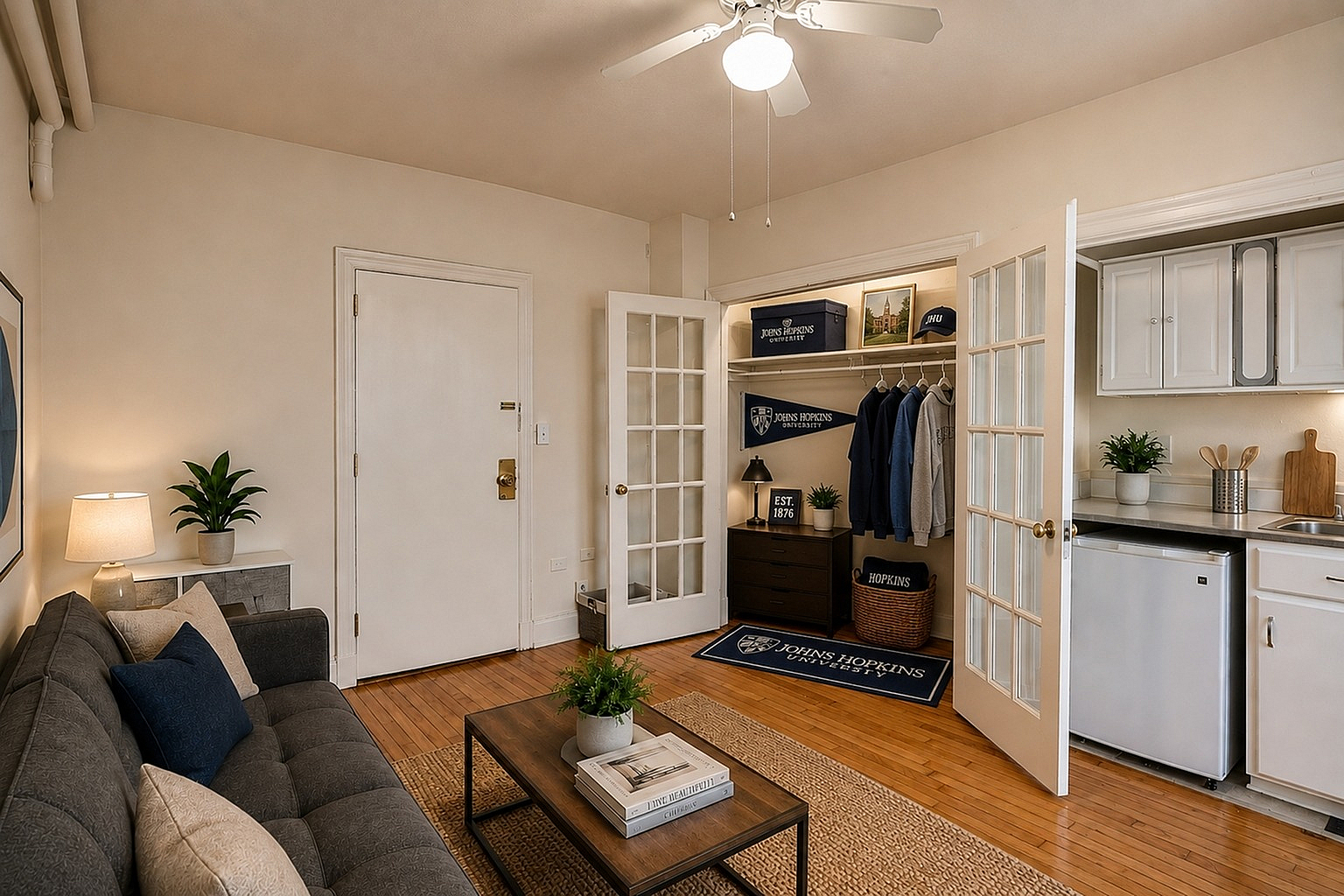 Charming studio apartment showcasing a cozy living area, open closet, and compact kitchen with modern cabinetry, perfect for urban living.