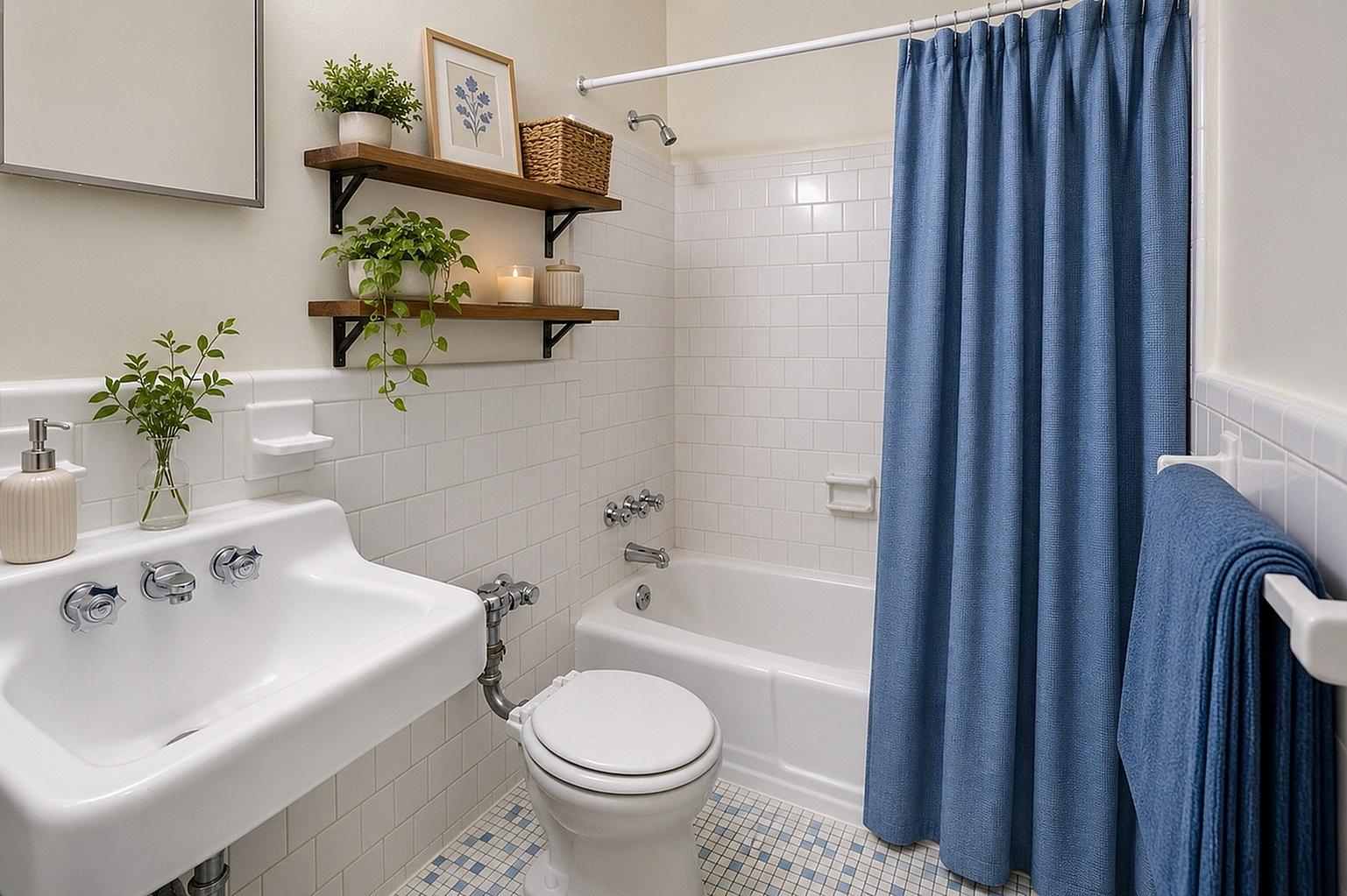 Charming bathroom with elegant white tiles, accented by a stylish blue curtain, featuring lush green plants and warm wooden shelves.