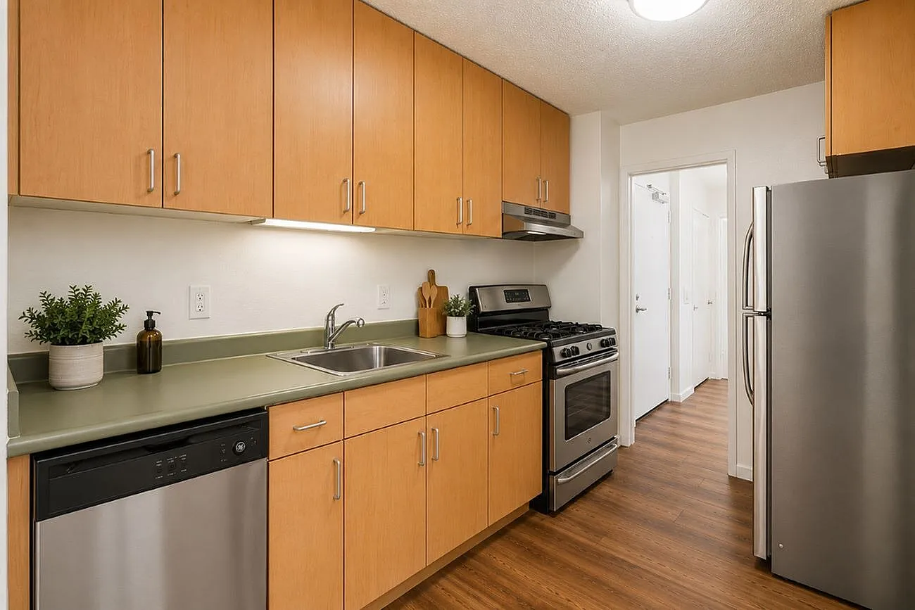 Modern kitchen boasting sleek stainless steel appliances, elegant wooden cabinets, and warm hardwood flooring, perfect for culinary creativity.