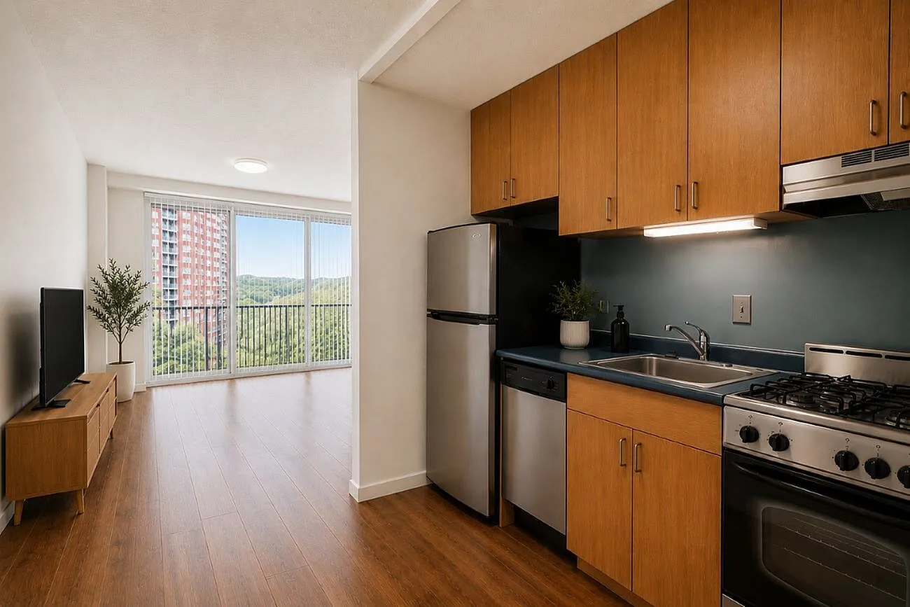 Modern open-plan kitchen and living area with sleek appliances and large windows offering stunning city and greenery views.