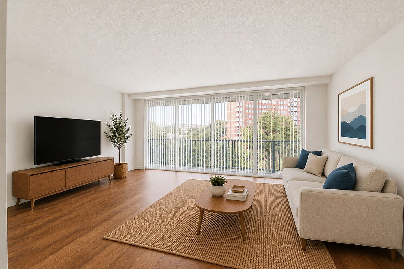 Bright and spacious living room with large windows, modern decor, and a comfortable seating area, perfect for relaxation and entertainment.
