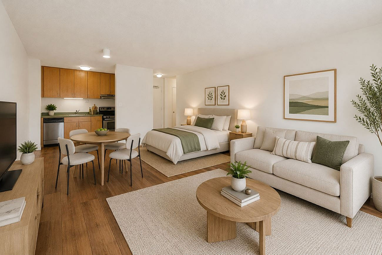 Chic open-concept studio apartment featuring a cozy bed, modern kitchenette, elegant dining area, and stylish living space with natural decor.