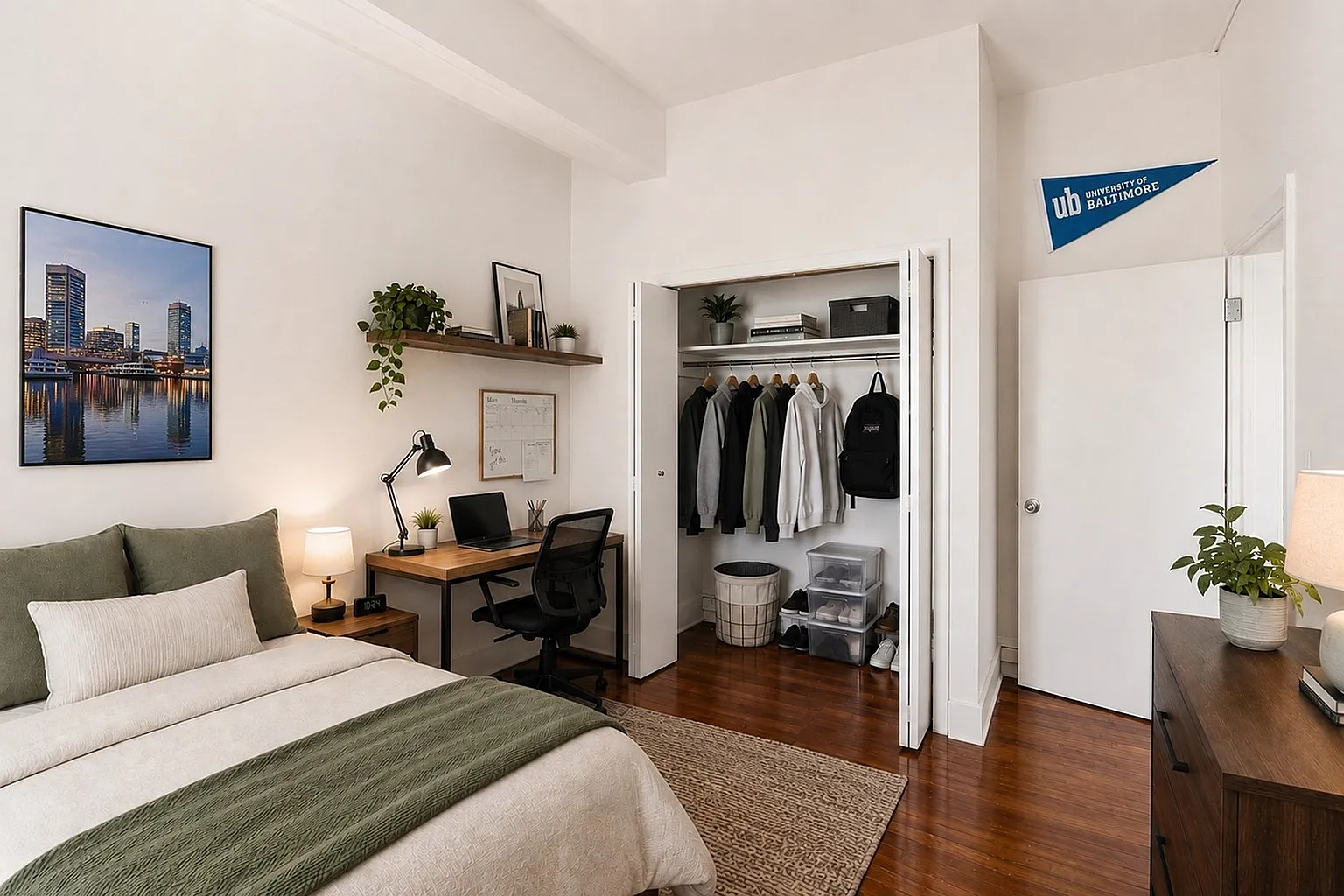 Chic bedroom with a cozy bed, modern workspace, and organized closet on elegant wooden floors.