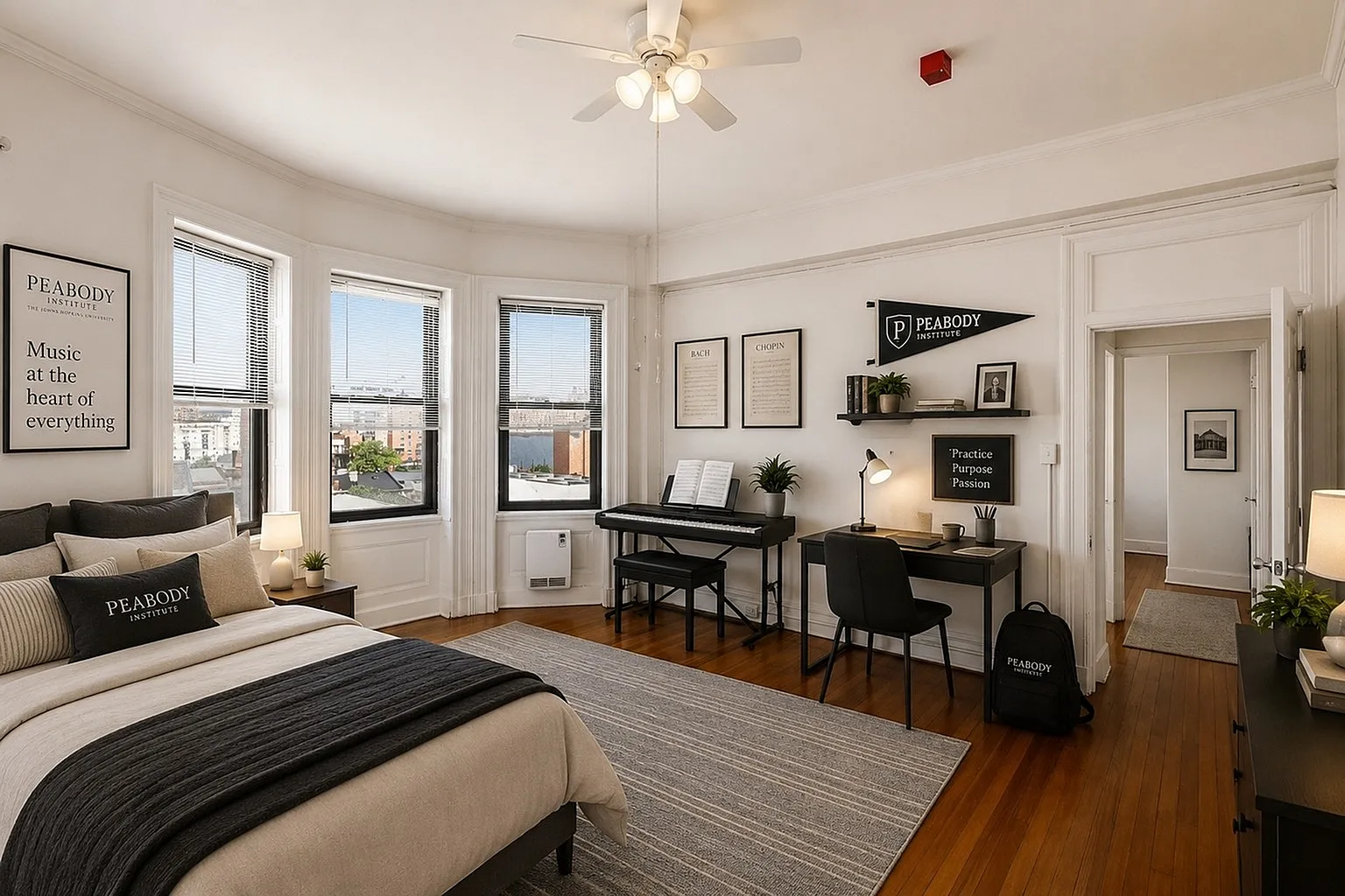 Charming bedroom with hardwood floors, abundant natural light from large windows, and a cozy study area, perfect for relaxation and productivity.