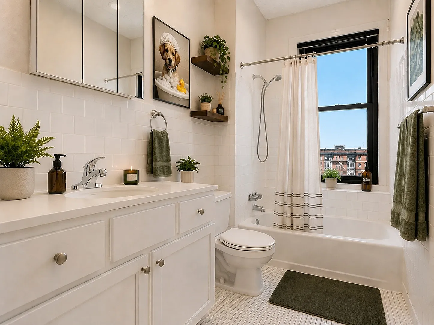 Bright and inviting bathroom with elegant white cabinetry, modern fixtures, and chic decor accentuated by plants and an artful canine portrait.