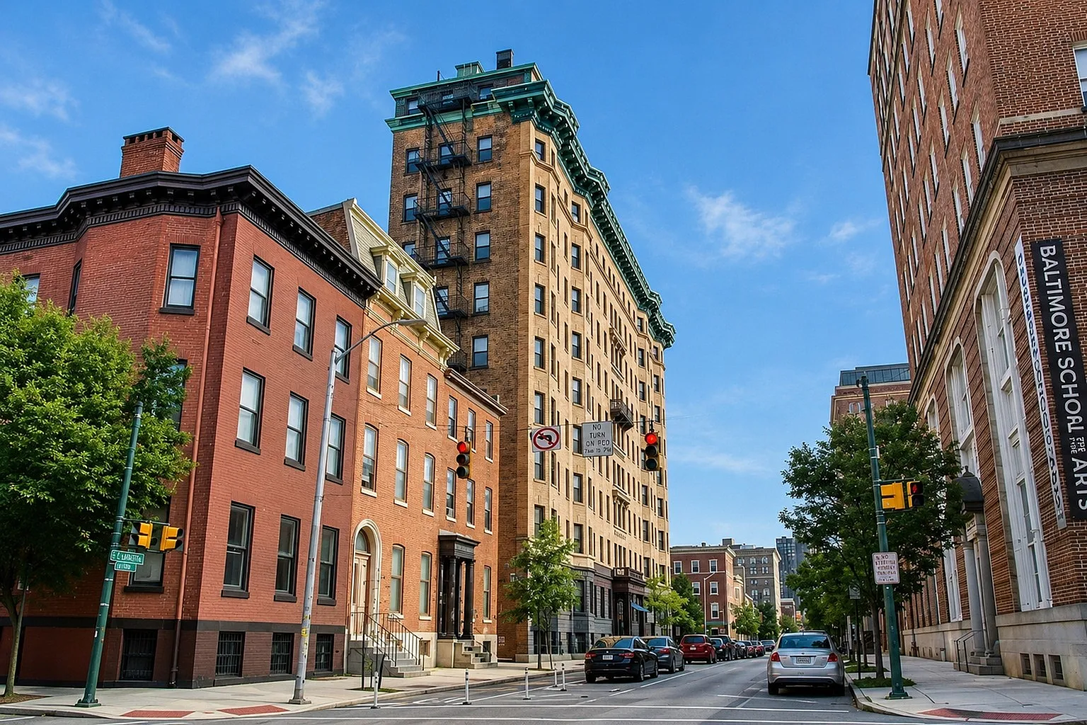 Charming urban street with beautifully preserved historic architecture and a vibrant city backdrop.