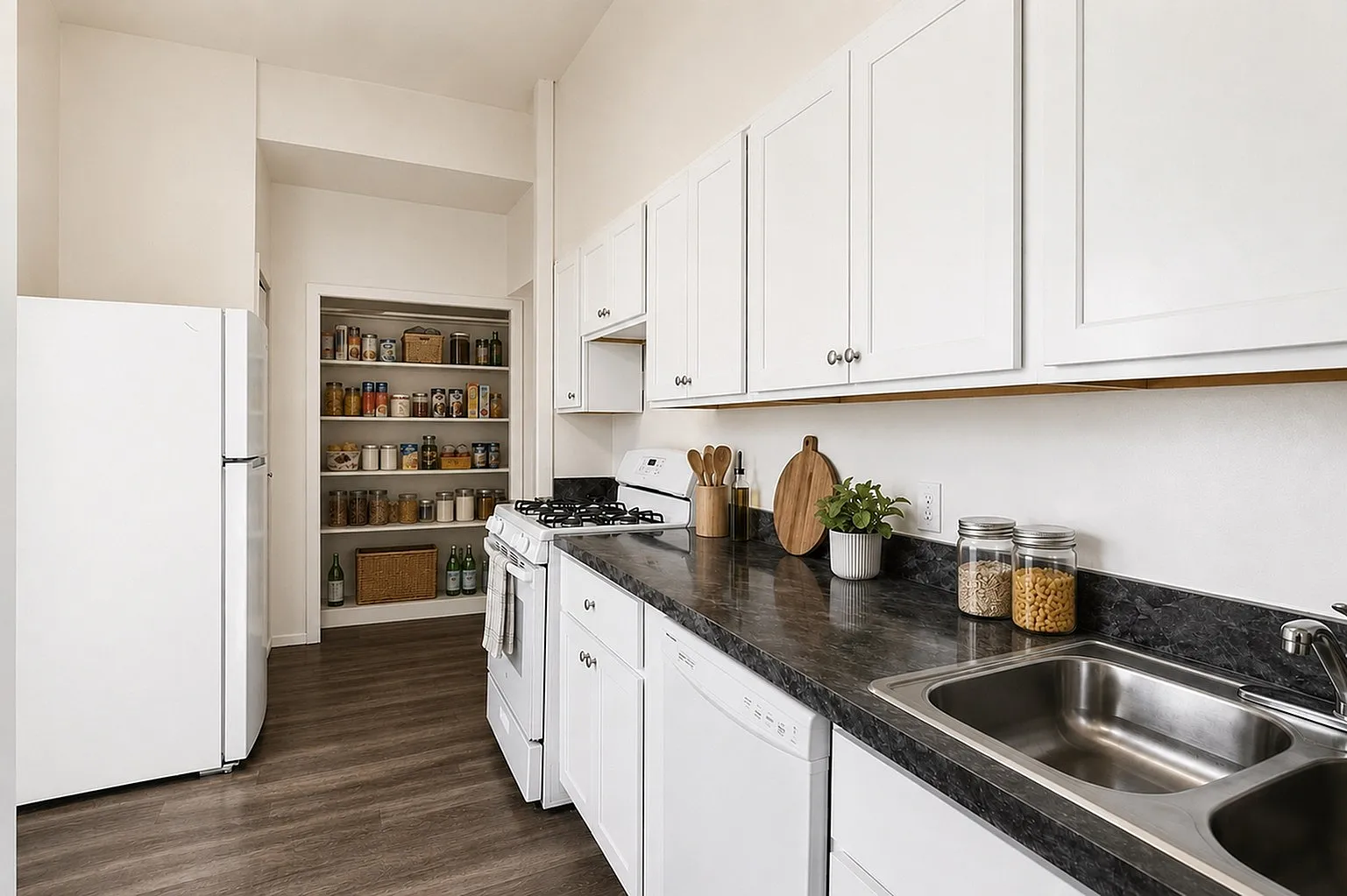 Modern kitchen with pristine white cabinets, sleek dark countertops, and a well-organized pantry for efficient storage.