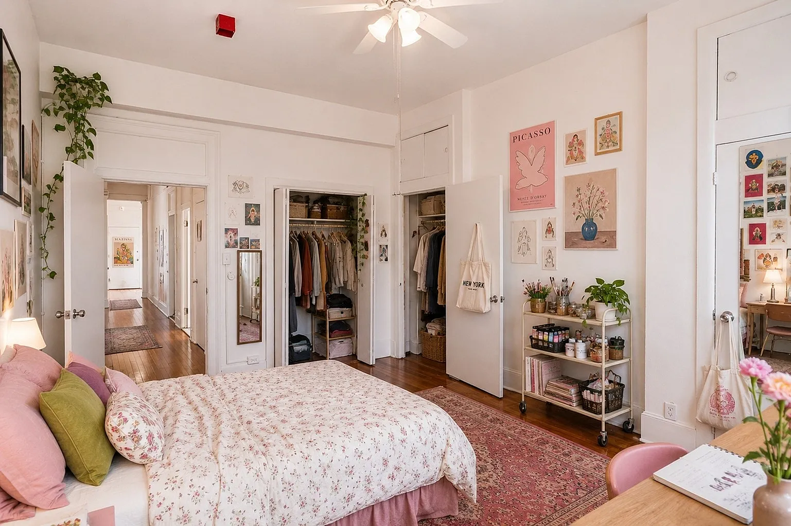 Charming bedroom with floral bedding, elegant wall art, and abundant natural light in a cozy apartment.