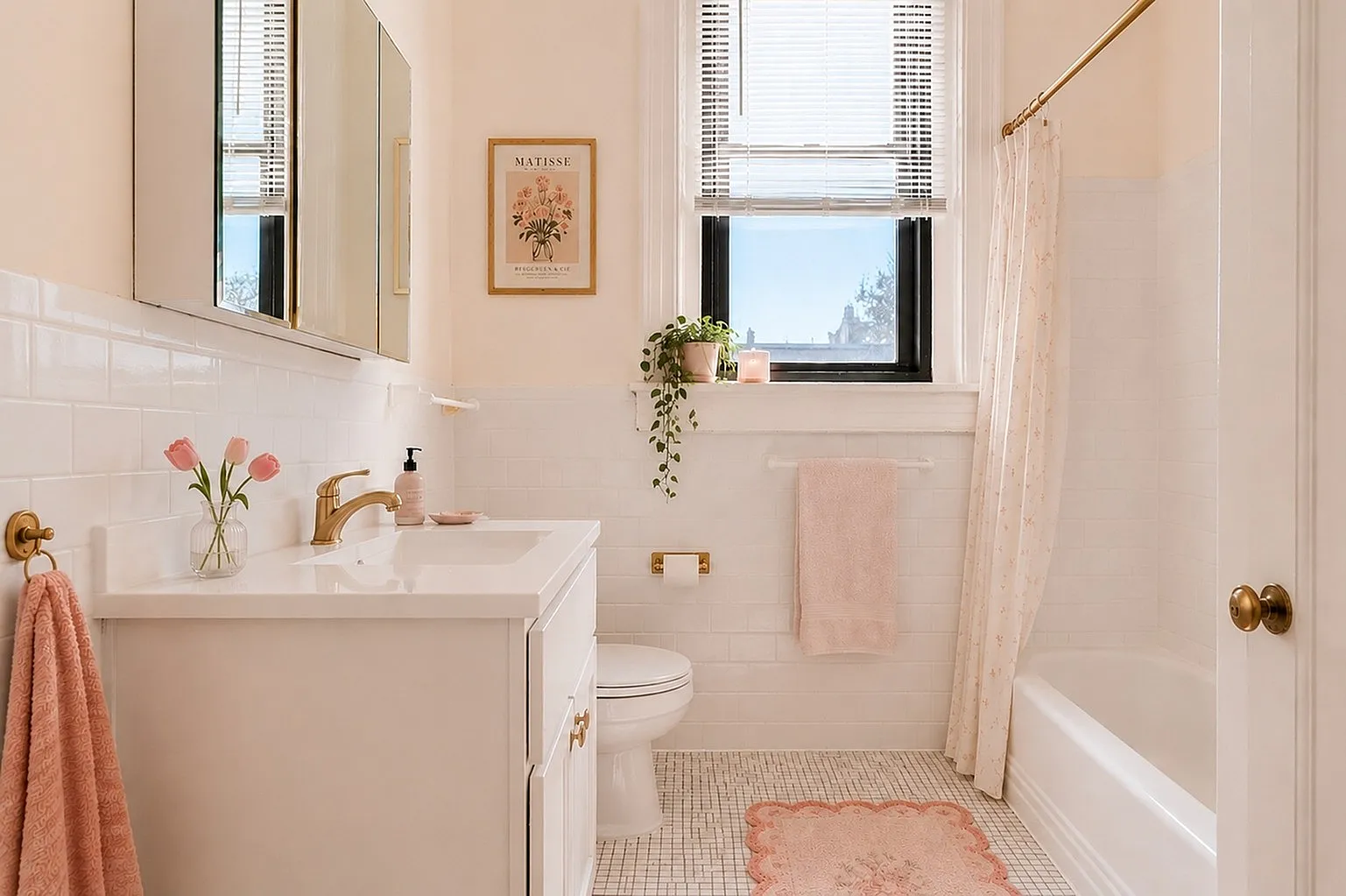 Elegant bathroom showcasing a pristine white vanity with gold fixtures, soft pink accents, and a serene atmosphere.