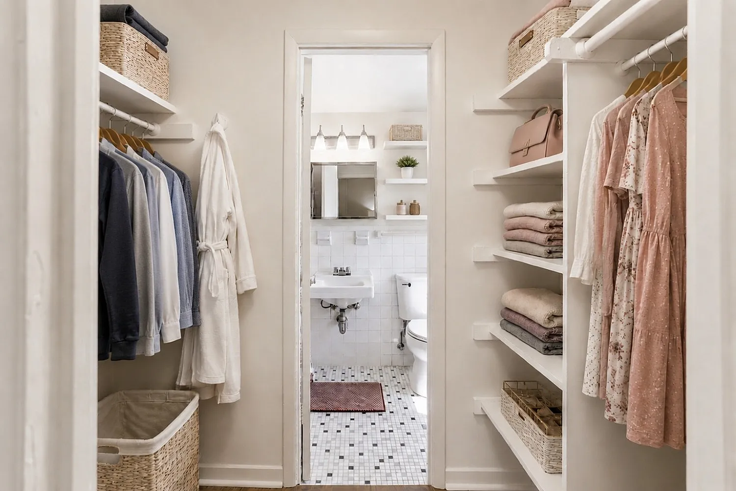 Elegant walk-in closet leading to a chic bathroom, with beautifully organized shelving and stylish attire.