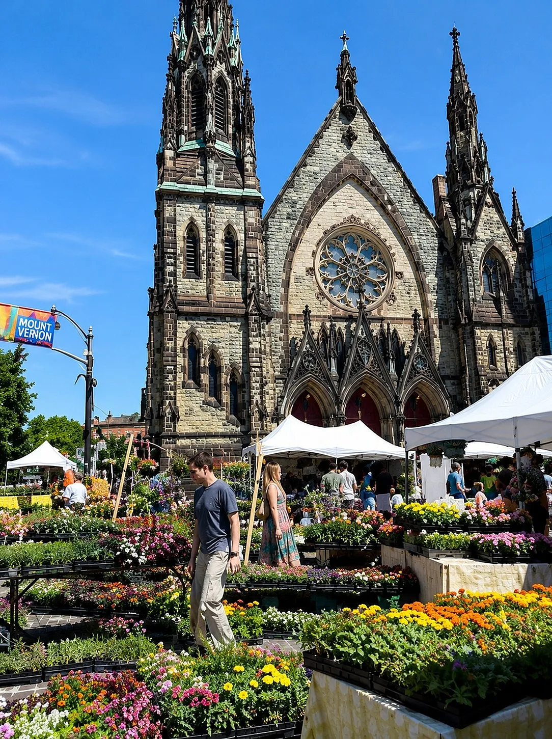 Vibrant outdoor flower market in front of a stunning Gothic-style cathedral under a clear blue sky, located in lively Mount Vernon.