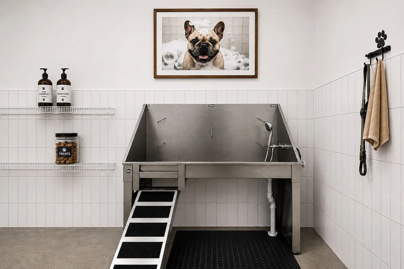 Modern pet grooming station with a stylish stainless steel wash basin, ramp, and dog-friendly decor, perfect for luxury apartments.