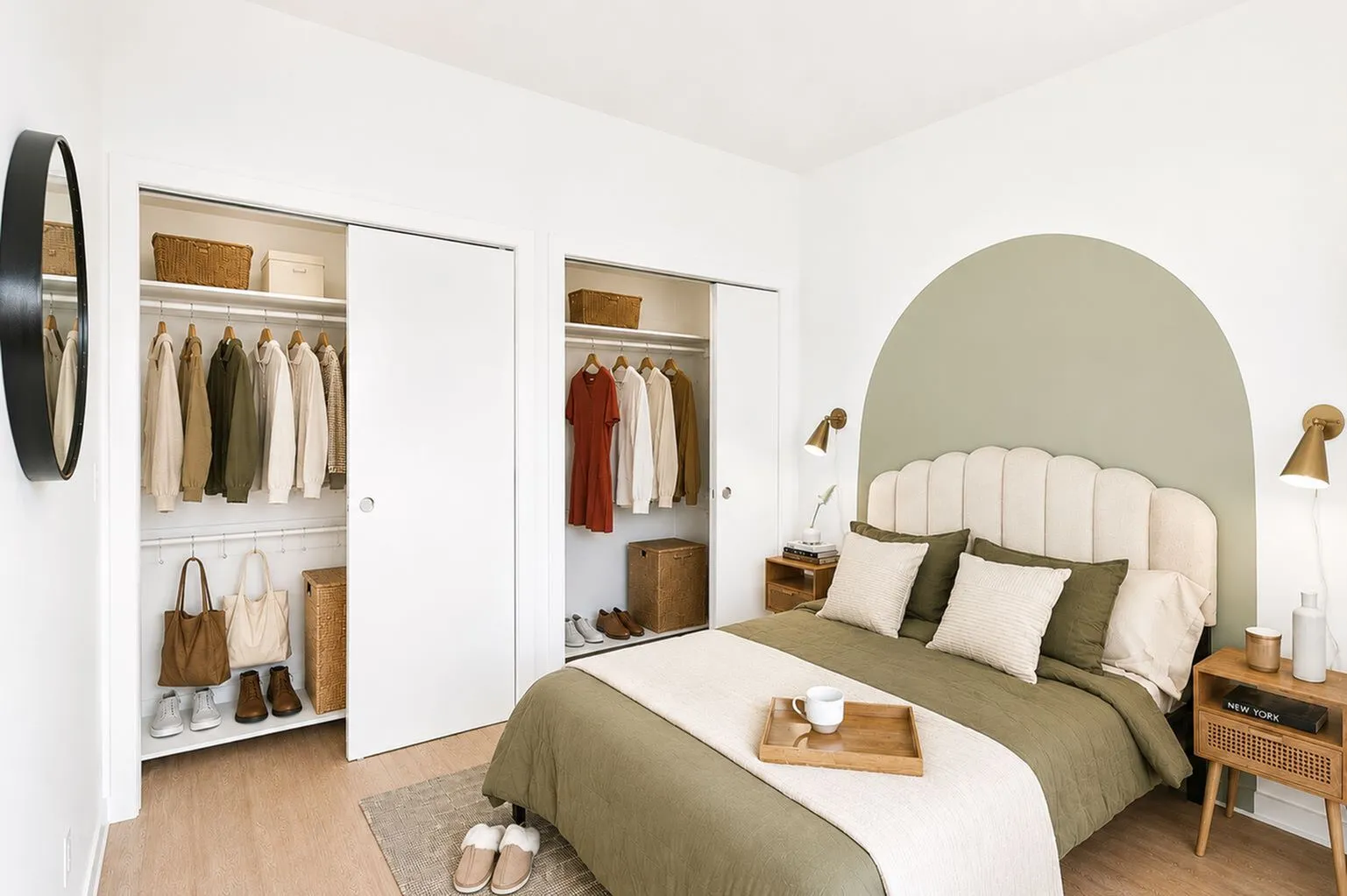 Elegant bedroom with modern design features a cozy bed, stylish nightstands, and a spacious closet for ample storage.